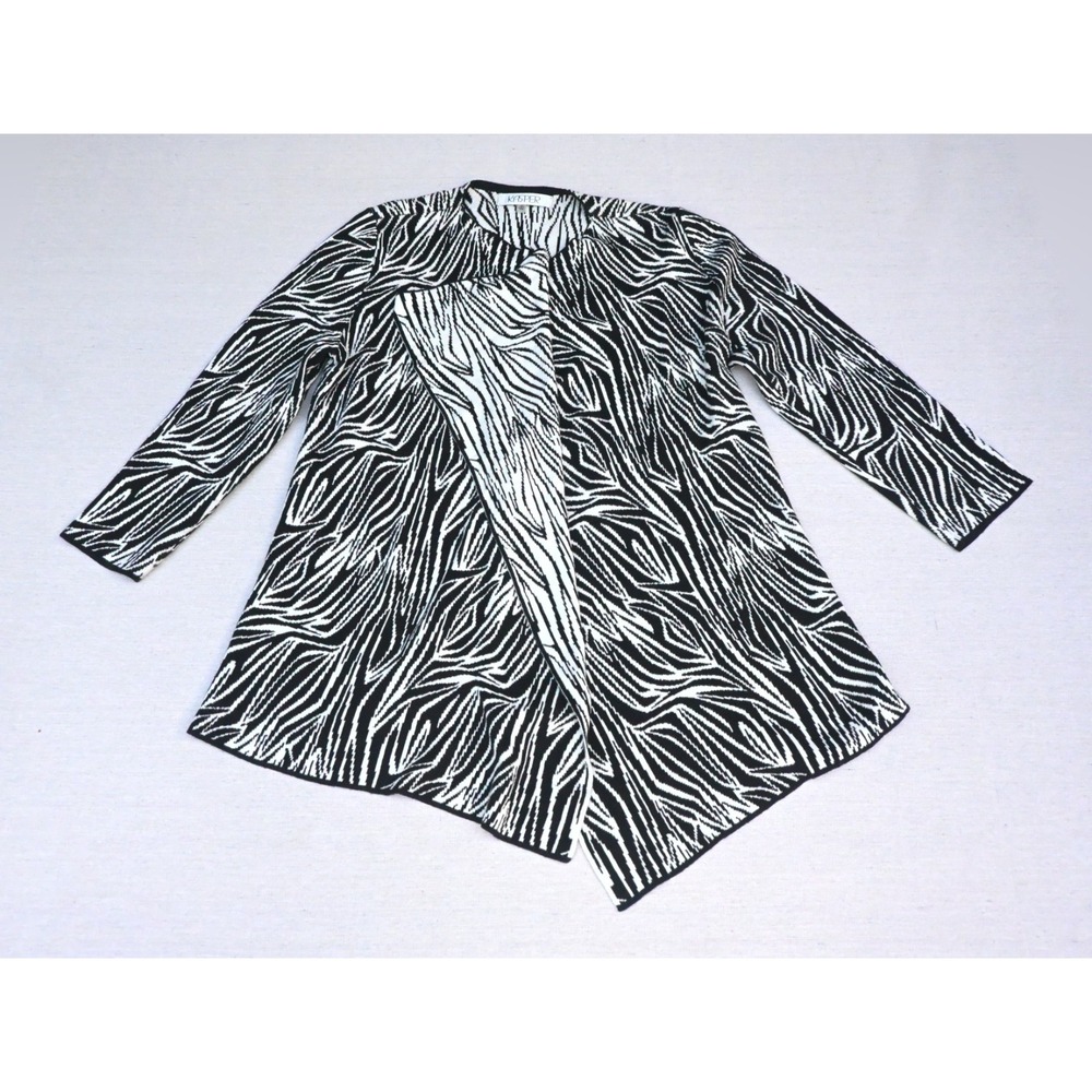Kasper Womens M Black White Zebra Jacquard Open Front Cardigan Duster Knit